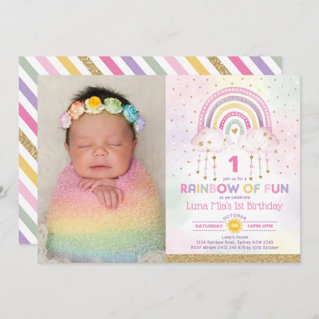 Rainbow of Fun Clouds Stars Girls Birthday Party Invitation (Front/Back)