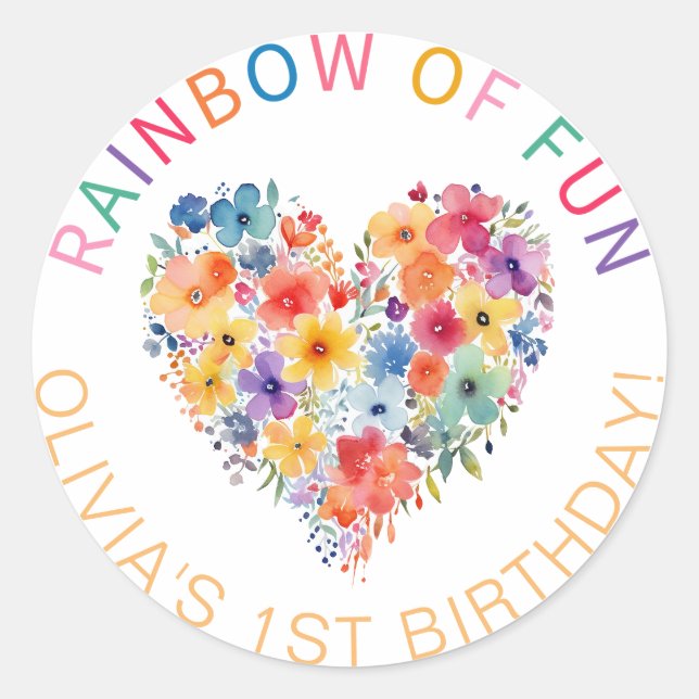 Rainbow of Fun Floral Heart Birthday Sticker (Front)