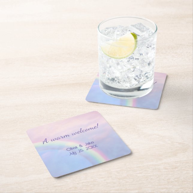 Rainbow of hope - pastel, wedding   square paper coaster (Insitu)