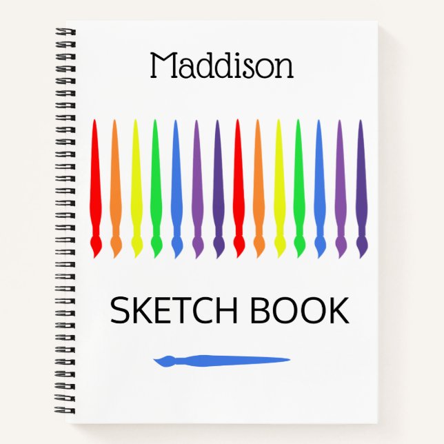 Rainbow of paint brushes, sketchbook, your name notebook (Front)