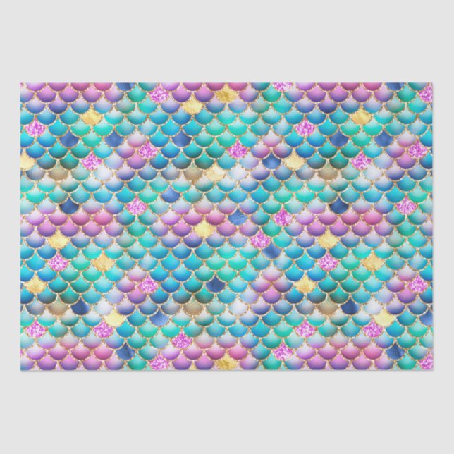 Rainbow Ombre Foil & Gold Glitter Mermaid Scales Tissue Paper (Front)