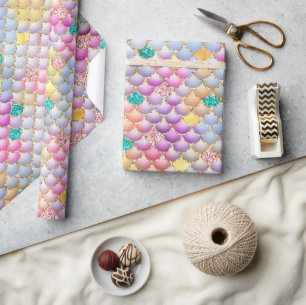 Rainbow Ombre Foil & Gold Glitter Mermaid Scales Wrapping Paper