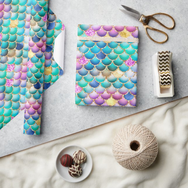 Rainbow Ombre Foil & Gold Glitter Mermaid Scales Wrapping Paper (Crafts)