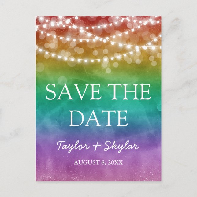 Rainbow Ombre Gay Wedding Save the Date Postcard (Front)