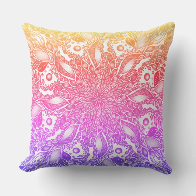 rainbow ombre leaf mandala  throw pillow (Front)