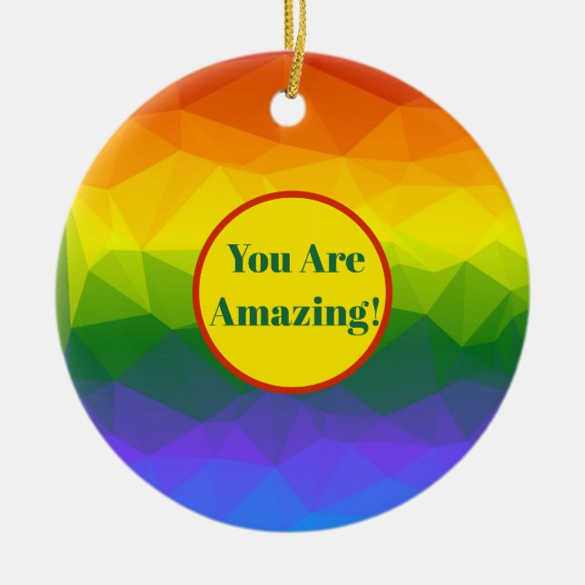 Rainbow Ombre Polygon Ceramic Ornament (Front)