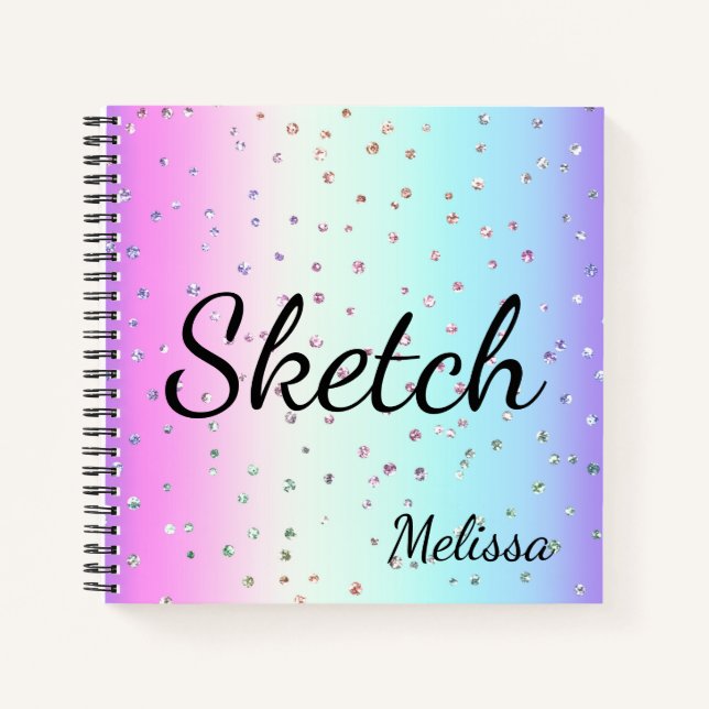 Rainbow Ombre Sparkle Monogram Sketchbook Notebook (Front)