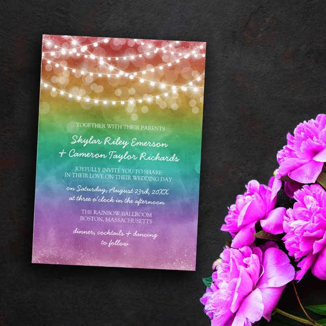 Rainbow Ombre String Lights Gay Wedding Invitation (Creator Uploaded)