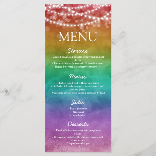 Rainbow Ombre String Lights Gay Wedding Menu (Front)