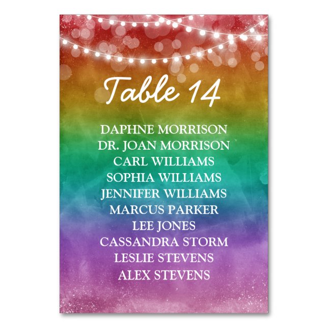 Rainbow Ombre String Lights Gay Wedding Seating Table Number (Front)
