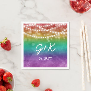 Rainbow Ombre String Lights Monogram Gay Wedding Napkin