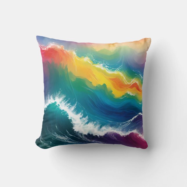 Rainbow Ombre Waves Throw Pillow (Front)