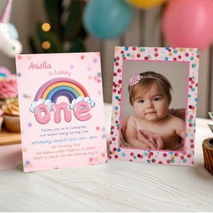 Rainbow One Photo Birthday Baby Girl Invitation
