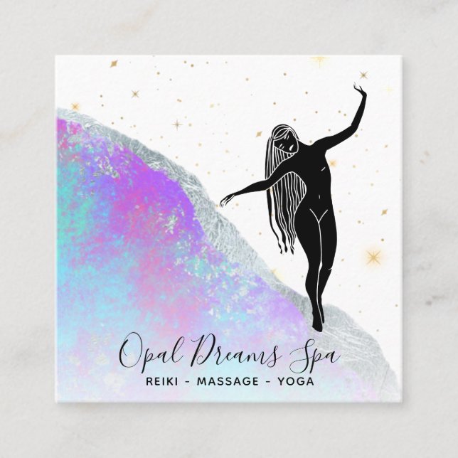 *~* Rainbow Opal Goddess Celestial Mystical Blue Square Business Card (Front)