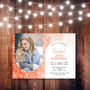 Rainbow Orange Stripes Floral Arch Photo Birthday  Invitation