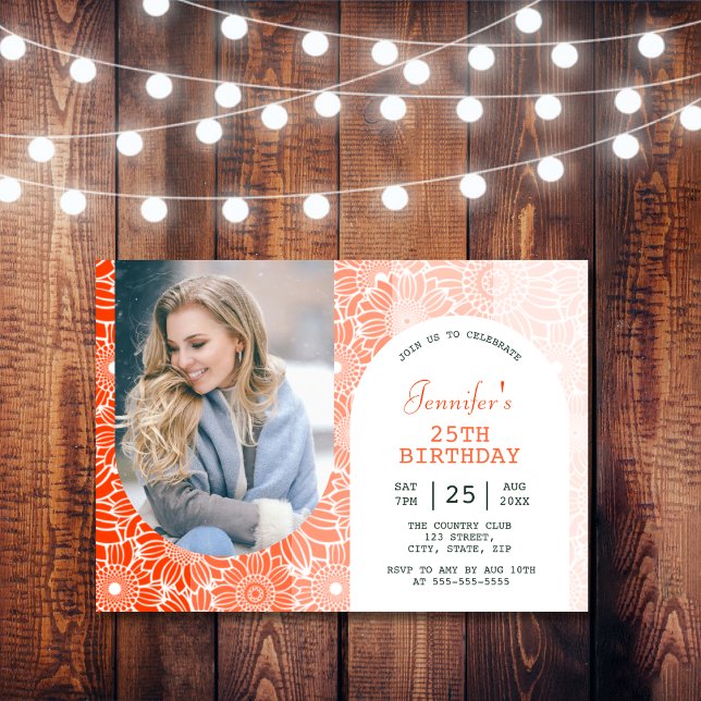 Rainbow Orange Stripes Floral Arch Photo Birthday  Invitation (Creator Uploaded)