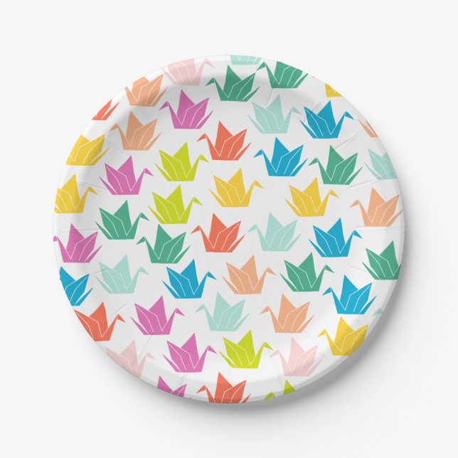 Rainbow Origami Crane Paper Plates (Front)