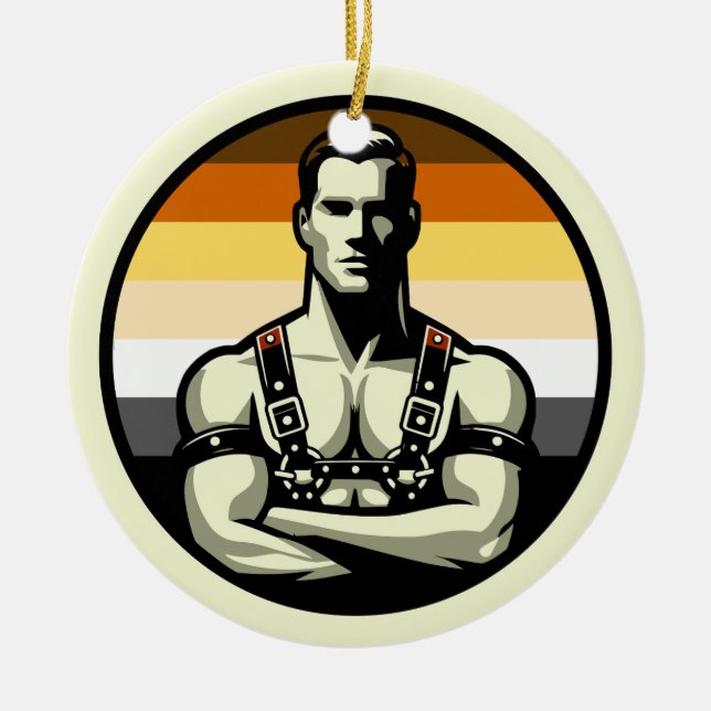 Rainbow Ornament for gay man in a leather harness (Front)