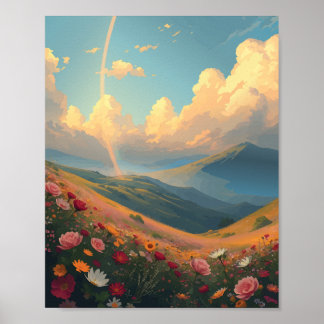 Rainbow over flower Field Poster