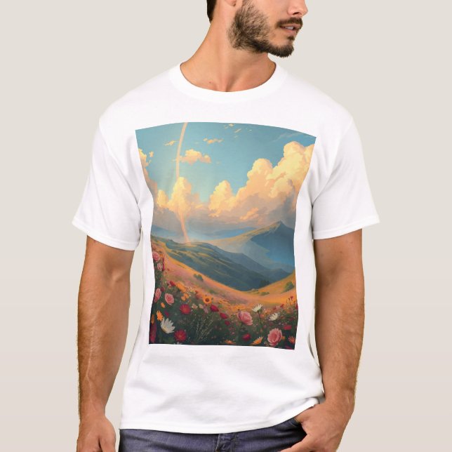 Rainbow Over Flower Field T-Shirt (Front)