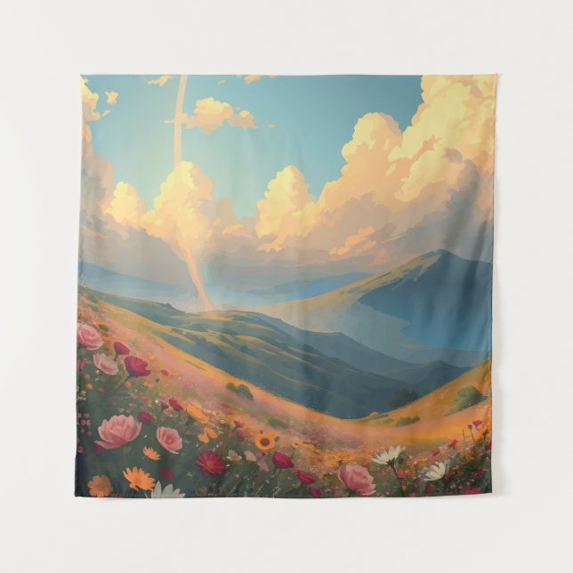 Rainbow Over Flower Field Tapestry (Front)