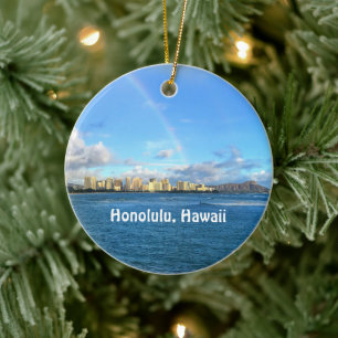Rainbow over Honolulu Ceramic Ornament