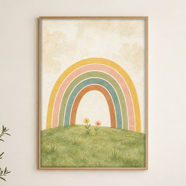 Rainbow Over the Meadow Watercolour Poster (Shown framed for scale. Poster ships unframed; frames are an optional add-on.)