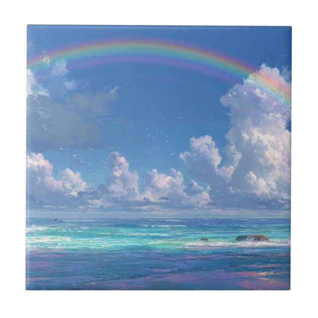 Rainbow over the ocean ceramic tile (Front)