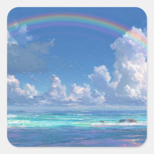 Rainbow over the ocean square sticker