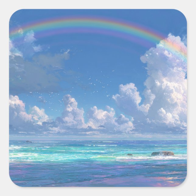 Rainbow over the ocean square sticker (Front)