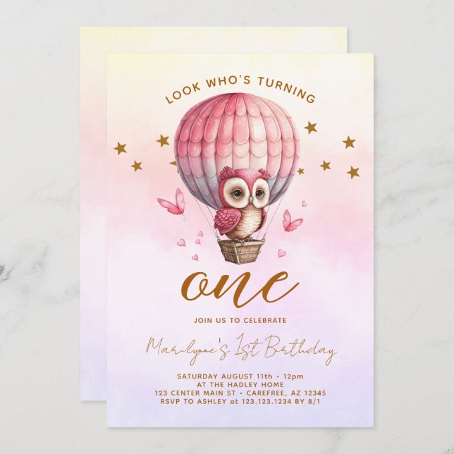 Rainbow Owl 1st Birthday Invitation (Front/Back)