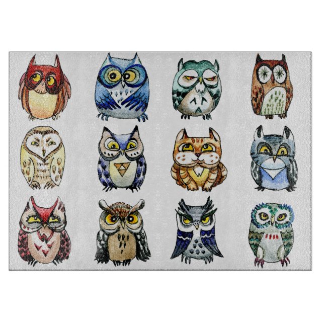 Rainbow owls and cat watercolor cutting board (Front)