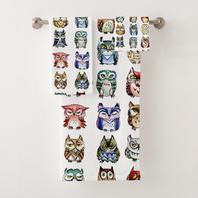 Rainbow owls watercolor bath towel set (Insitu)
