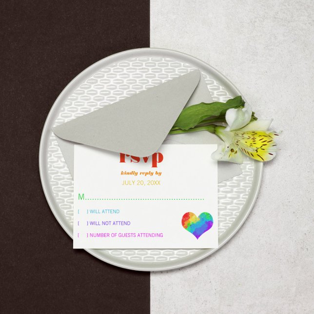 Rainbow Paint Heart Gay Lesbian Wedding RSVP Card (Creator Uploaded)