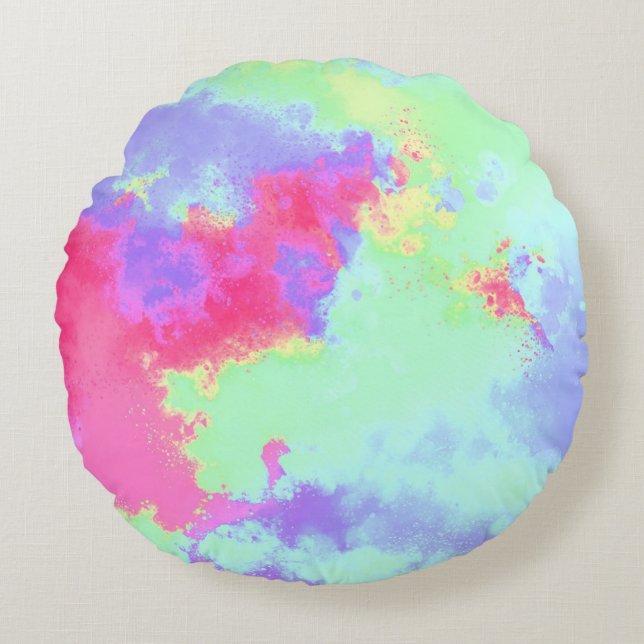 Rainbow Paint Splatter effect Pink Blue Green  Round Cushion (Front)