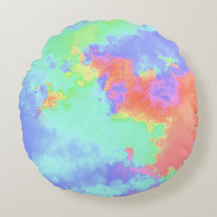 Rainbow Paint Splatter effect pink green orange Round Cushion