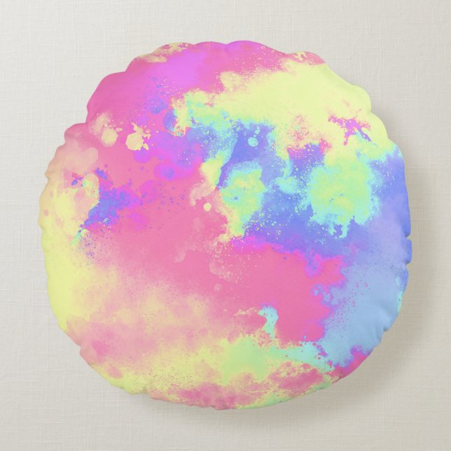 Rainbow Paint Splatter effect Yellow Pink Blue  Round Cushion (Front)