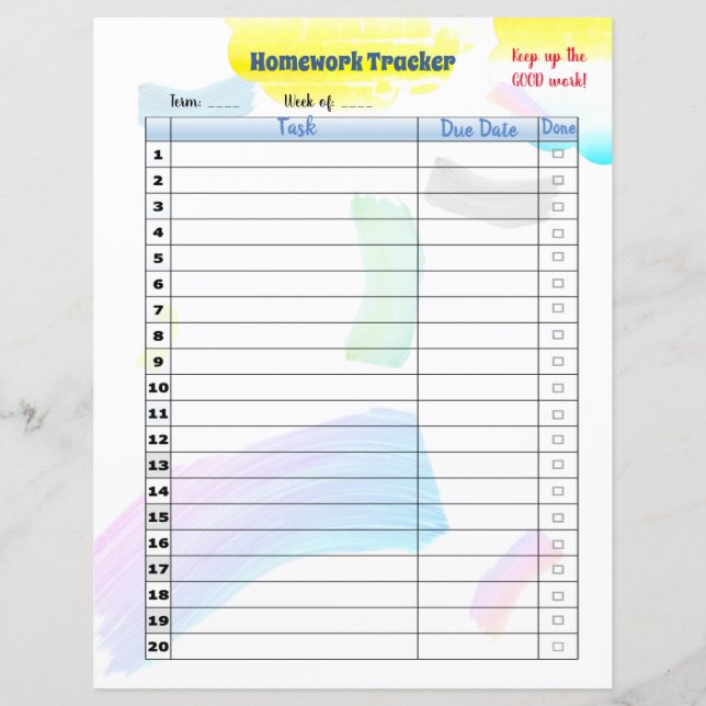 Rainbow Paint Student Homework tracker (Front)