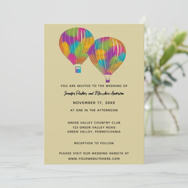 Rainbow Painted Hot Air Balloons Custom Wedding Invitation (Standing Front)