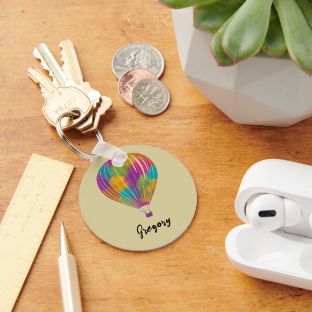 Rainbow Painted Hot Air Balloons Personalised Key Ring (Desk)