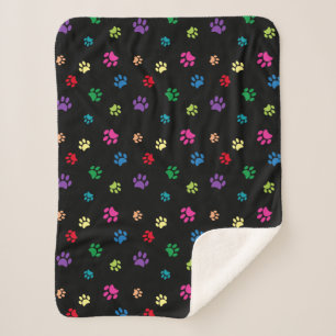 Rainbow Painted Paw Prints on Black Sherpa Blanket