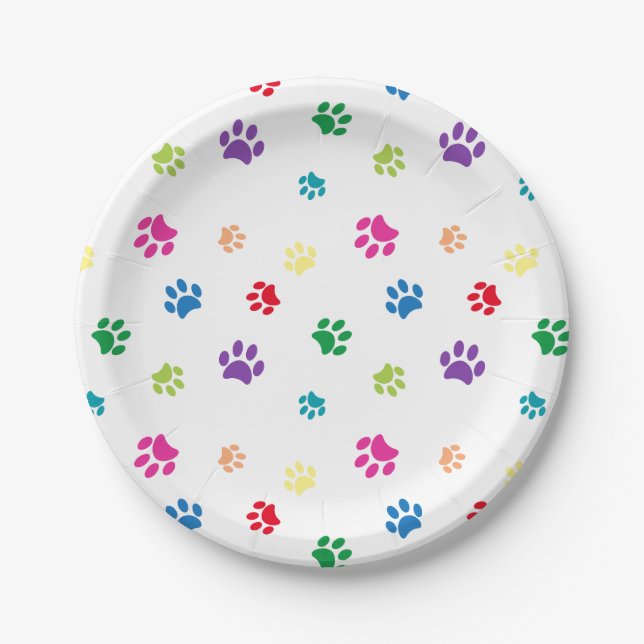 Rainbow Painted Paw Prints Pet Party Paper Plate (Front)