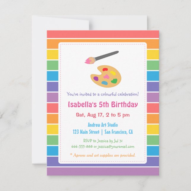 Rainbow Painting Arts Crafts Kids Birthday Party Invitation (Front)