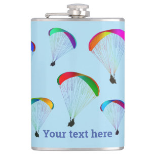 Rainbow paraliders on pale sky blue - flying theme hip flask