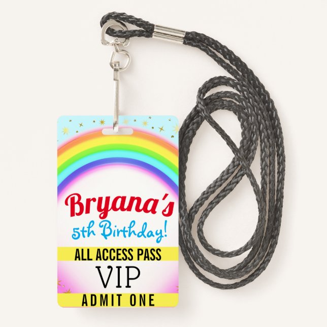 Rainbow Party Sparkle VIP Pass Birthday Party ID Badge (Front with Lanyard)