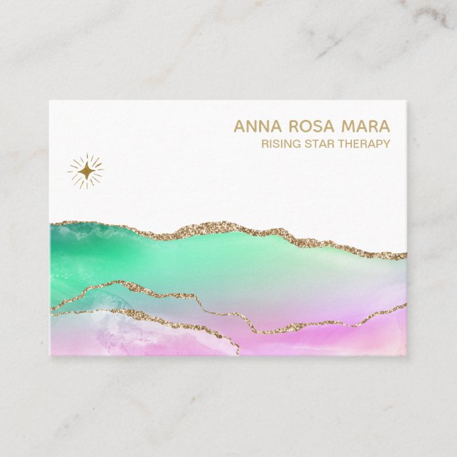 *~* Rainbow Pastel Agate Gold Glitter Veins Star Business Card (Front)