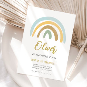 Rainbow Pastel Boho Muted Blue Boy First Birthday Invitation