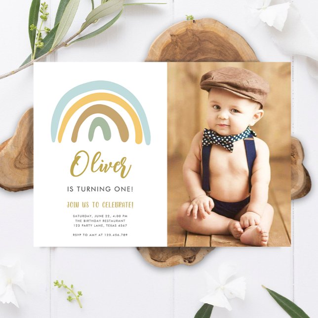 Rainbow Pastel Boho Muted Blue Boy First Birthday  Invitation (Creator Uploaded)
