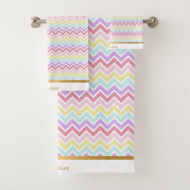 RAINBOW PASTEL CHEVRON PERSONALISED TOWEL SET (Insitu)