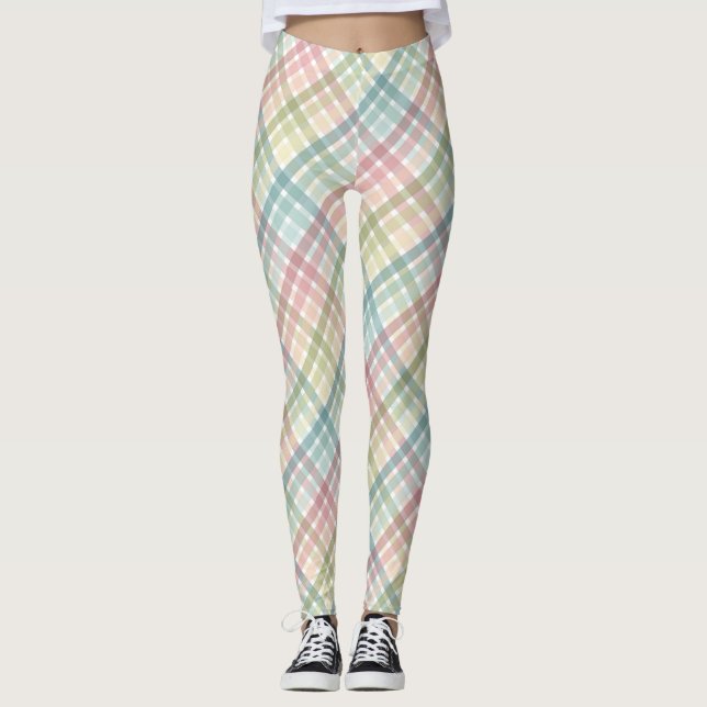 Rainbow pastel colourful plaid pattern leggings (Front)